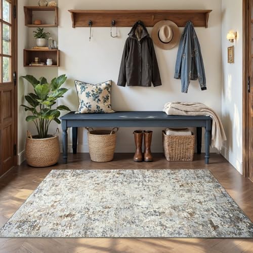 Abstract Area Rug Modern Washable Rug Soft Non Slip Rug Low Pile for Bedroom Living Room Dining Room Brown Grey Gold 3x5 Feet (Brown Grey Gold / 3' x 5' (Rectangular))