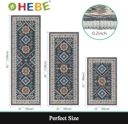 HEBE Boho Kitchen Rugs Set of 3 (Blue / 20"x32"+20"x48"+20"x59")