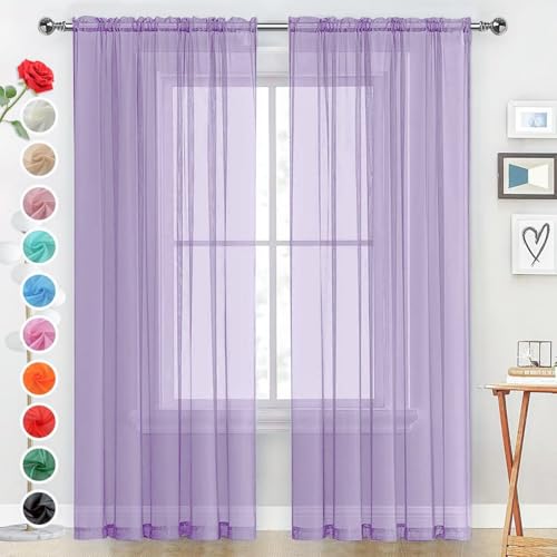 Sheer Voile Window Treatment Rod Pocket Curtain Panels for Kitchen Bedroom Living Room Drapes Sunlight Filtering Privacy Semi Home Decor Assorted (Lavender / 52"W x 72"L (Pack of 2))
