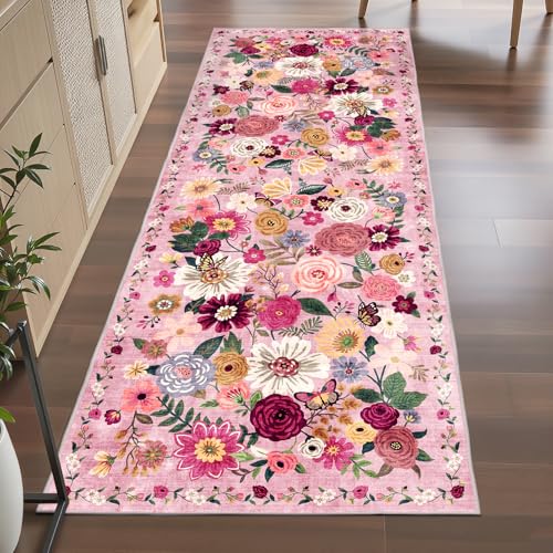 Pink Floral Hallway Runner Rug 3x7 for Bedroom Kitchen (Pink / 3' x 7' (Rectangular))