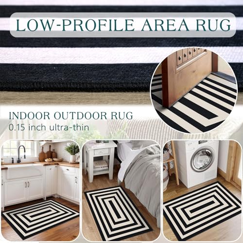 Front Door Mat Indoor Outside Entrance (Geometric Border- Black/White / 2' x 3' (Rectangular))