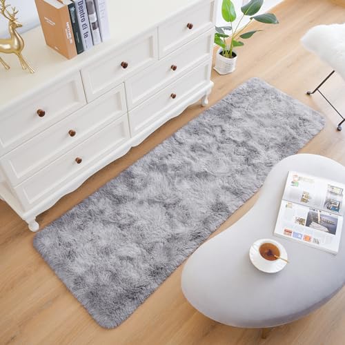 Soft Runner Rug for Bedroom Living Room Plush Fluffy Rugs 2x6 (Grey and White / 2' x 6' (Runner))