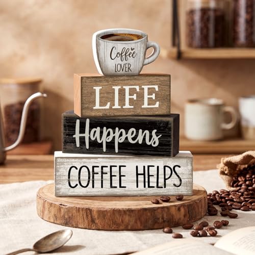 4 Pcs Wooden Coffee Bar Signs Farmhouse Table Decor Blocks (Coffee Lover)