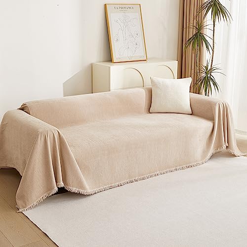Couch Cover 3 Cushion Sofa with Tassel Chenille Sofa Covers Couch Covers for 3 Cushion Couch Sofa Slipcovers for Sectional l Shaped Couch Dogs Protector Furniture Covers (91" x 150" / Tassels Edge-khaki)