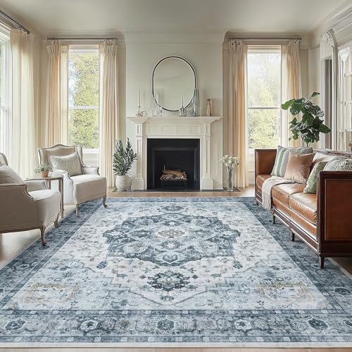 Amada Large 8x10 Washable Area Rug for Living Room (8' x 10' (Rectangular) / Ivory/Blue)