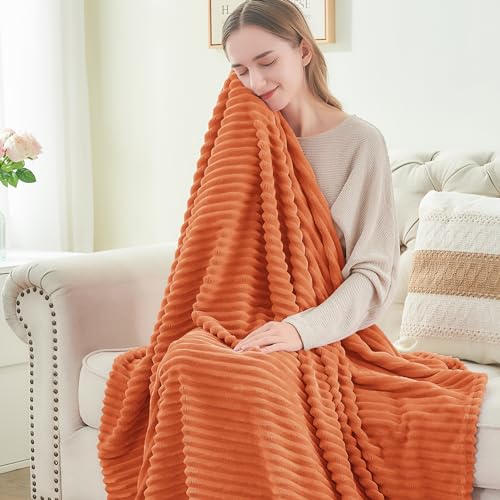Ribbed Jacquard Burt Orange King Size Blanket for Bed (Burnt Orange / King(108"x90"))