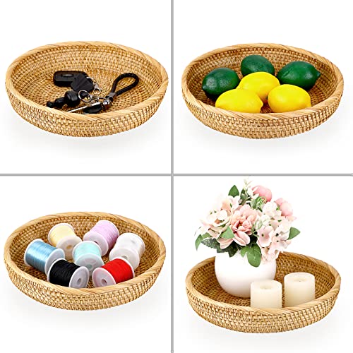 9.9" Round Key Basket Bowl for Entryway Table Handwven Rattan Tray (Medium, 9.9" / Natural Color)