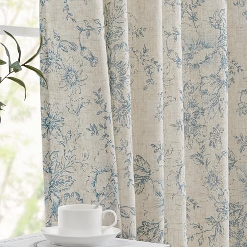Floral Lined Linen Curtains 84 Long for Living Room 2 Panels (Lined Blue / 50"W x 84"L (Pack of 2))