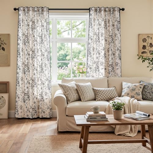 Vintage Floral Linen Curtains 90 Long for Living Room 2 Panels (Black / 50"W x 90"L (Pack of 2))