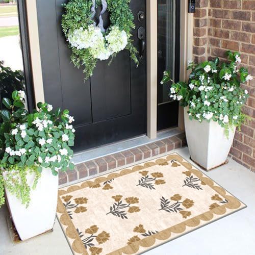 Front Door Mat Outside Entrance (Flower - Beige / 2' x 3' (Rectangular))
