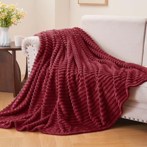 Ribbed Jacquard Burgundy Fleece Twin Blanket for Couch (Burgundy / Twin(60"x80"))