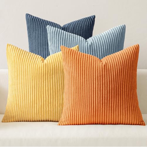 Soft Corduroy Decorative Throw Pillow Covers Blue (18" x 18" (Pack of 4) / Blue-orange)
