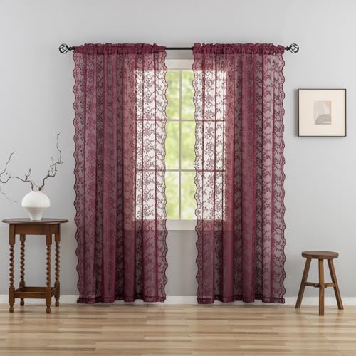 Vintage Lace Curtains 84 Inches Long (Burgundy / 52"W x 84"L (Pack of 2))