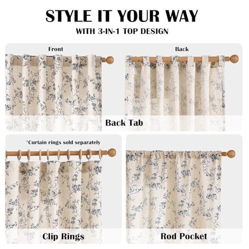 Blue Vintage Floral Linen Curtains Farmhouse 50W X 96L 2 Panels (Blue on Beige / 50"W x 96"L (Pack of 2))