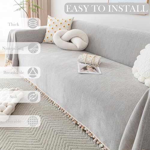 Grey Sofa Cover for Couch Boho Couch Cover for 3 Seat Couches Dog Couch Cover Love Seat Couch Covers Light Grey Sectional Cover 91" X134" Tassel Chenille Herringbone Sofa Covers (91" x 134" / Tassel Ball: Grey)