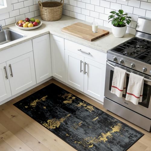 Washable 2'x5' Abstract Area Rug for Living Room Black Gold (Black/Gold / 2' x 5' (Rectangular))