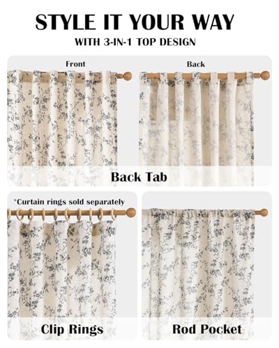 Black Vintage Floral Linen Curtains Farmhouse 38W X 63L 2 Panels (Black on Beige / 38"W x 63"L (Pack of 2))