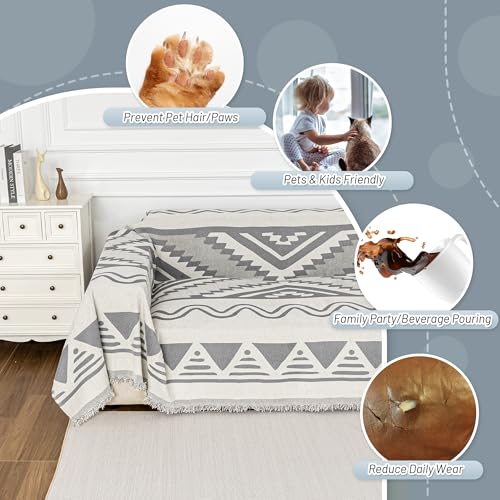 Sectional Couch Cover Grey Boho Geometric Sofa Covers for Sectional Sofa L Shape Chenille Couch Protector for Dogs Pets Couch Throw Cover Washable Durable for Home Decor (71" x 118" / 2# Bohemia Light Grey)