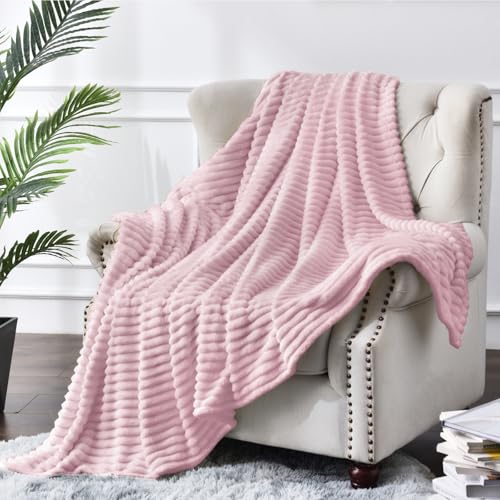 3D Ribbed Cherry Pink Fleece Twin Blanket for Couch (Cherry Blossom / Twin(60"x80"))