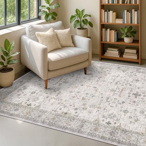 Boho Washable 5x7 Living Room Rug (5' x 7' (Rectangular) / Light Gray / Sage)