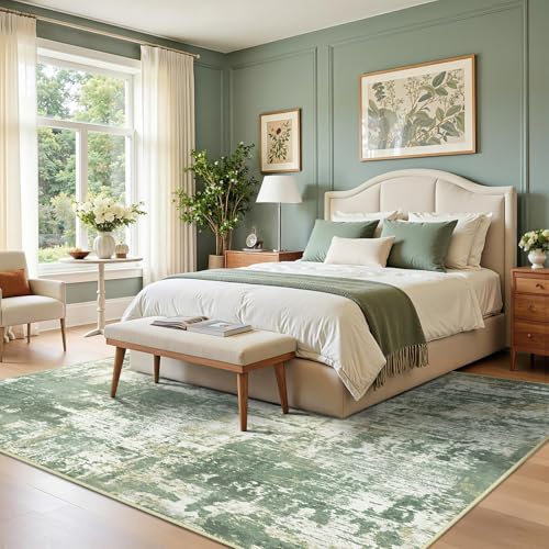 Washable 5'x7' Abstract Area Rug for Living Room Light Green (Green/Gray/Yellow / 5' x 7' (Rectangular))
