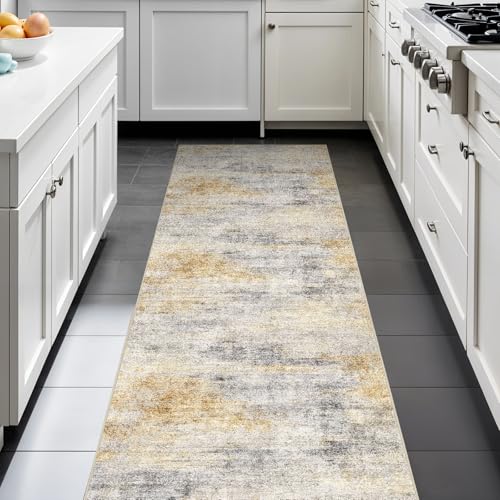 2x6 Runner Rug Washable Abstract (Grey/Yellow / 2' x 6')