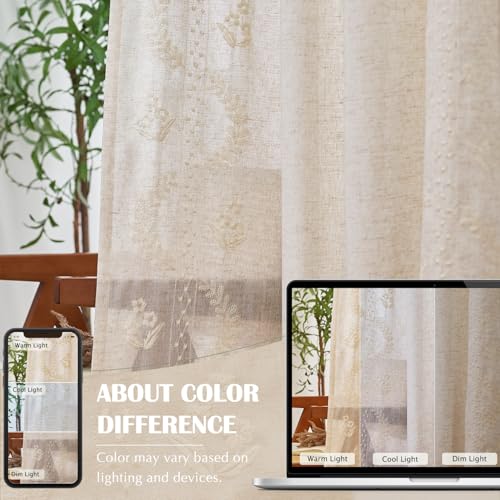Floral Linen Curtains 63 Inch Farmhouse Back Tab 4 Panels (Ivory / 50"W x 63"L (Pack of 4))