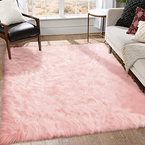 Pink Area Rug 6x9 Fluffy Fuzzy Furry Sheepskin Rug for Girls Bedroom Faux Fur Shag Carpet Soft Plush Rectangle (6' x 9' (Rectangular) / Light Pink)