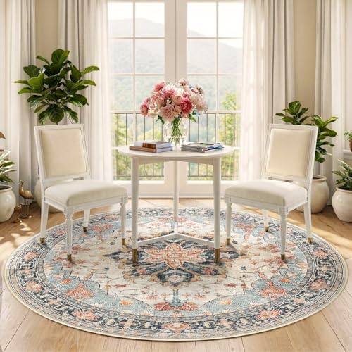 Washable Area Rug (Beige/Blue/Orange / 5' (Round))