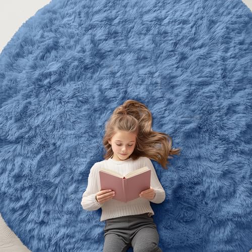 Blue Round Rugs for Bedroom (7 Ft Round / Blue)