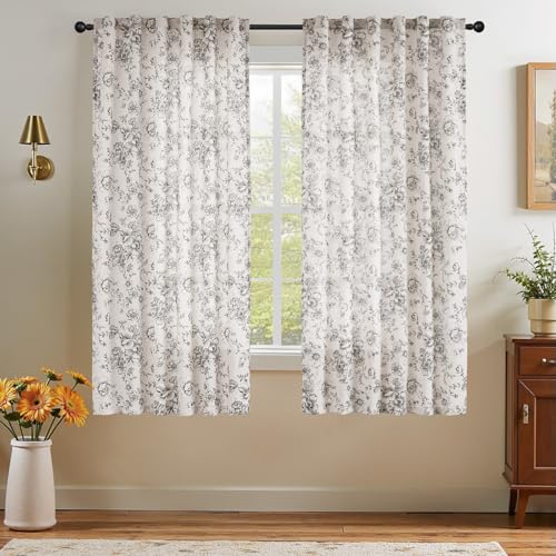 Vintage Floral Linen Curtains 63 Long for Living Room 2 Panels (Black on Beige / 50"W x 63"L (Pack of 2))