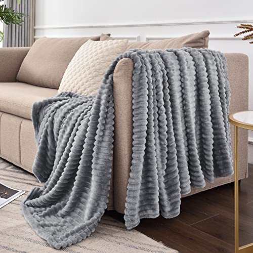 3D Ribbed Jacquard Grey Fleece Throw Blanket for Couch (Grey / Throw XL(50"x70"))
