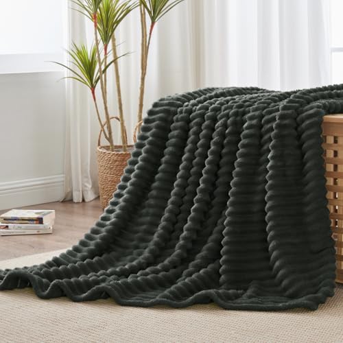 Ribbed Fleece Throw Blanket for Couch (Charcoal Grey / Throw(50"x60"))