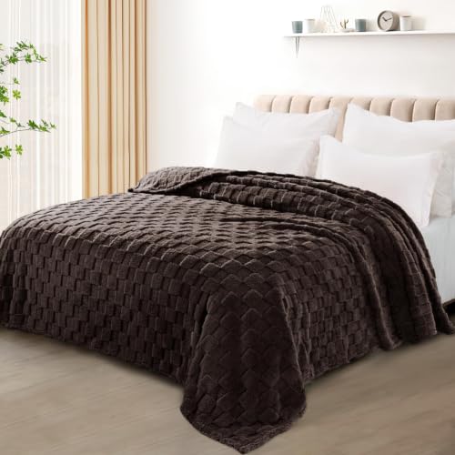 3D Checkered Fleece Queen Blanket for Bed (Coffee / Queen (90"x90"))