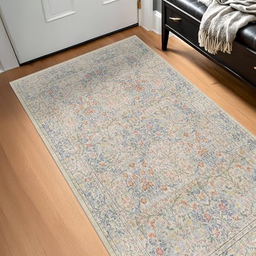 3x5 Washable Area Rug for Bedroom Beside Bed Mat (Beige Blue / 3' x 5' (Rectangular))