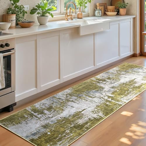 2x6 Sage Green Rug Runners for Hallways Kitchen Runner Rug Non Slip Washable Long Runner Rugs with Rubber Backing Soft Abstract Carpet Runner for Hallways (Green / 2' x 6' (Runner))