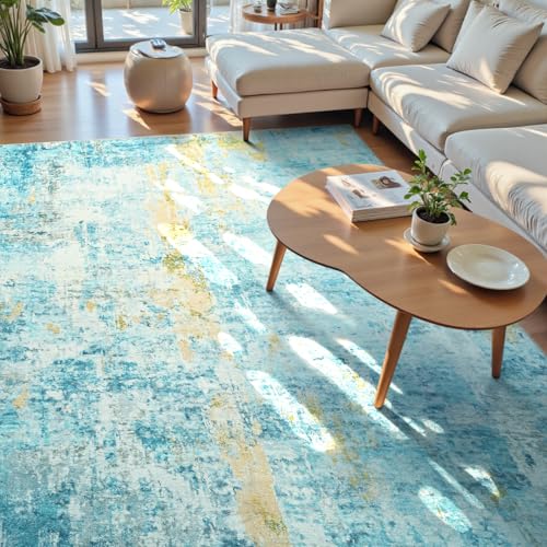 Living Room Rug 8x10 Teal Blue Area Rugs Machine Washable Abstract Boho Large Rug Non (Teal Blue / 8' x 10' (Rectangular))