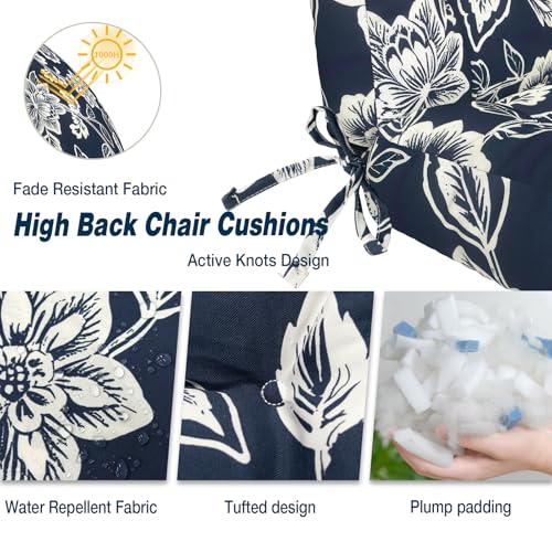 Outdoor High Back Chair Cushions Set of 2 (44"x20"x4" / Elegant Vines Navy)