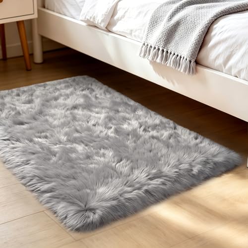 Soft Fluffy Faux Fur Rugs for Bedroom Bedside Rug 2x4 Feet (Grey / 2' x 4' (Runner))