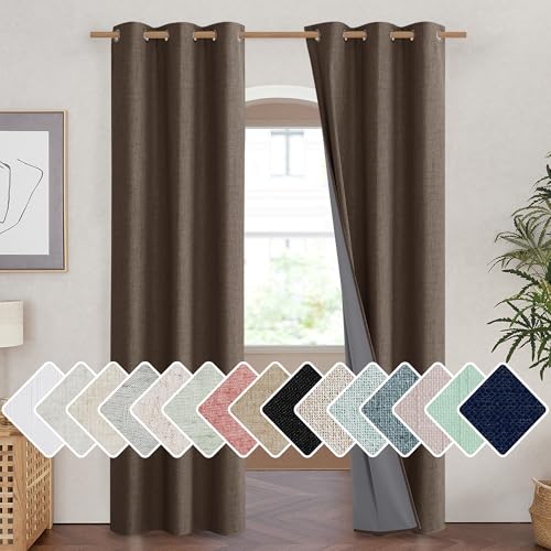 Coffee Vintage Linen 100% Blackout Curtains for Living Room (42"W x 84"L (Pack of 2) / Coffee)