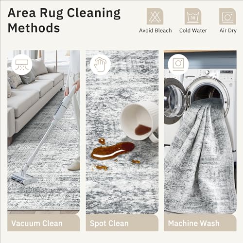 5x8 Area Rugs Grey Low Pile Washable Trendy Faded Style Rug (Grey / 5' x 8' (Rectangular))