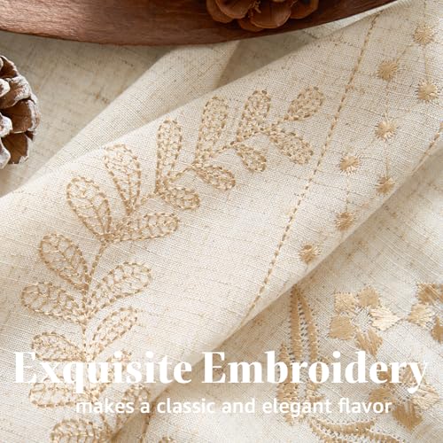 Beige Floral Linen Kitchen Tier Curtains 24 Inch (A| Beige / 26"W x 24"L (Pack of 2))