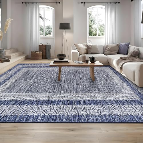 Area Rug 5x7 Distressed Bordered Washable Non Slip Floor Carpet (Blue / 5' x 7' (Rectangular))