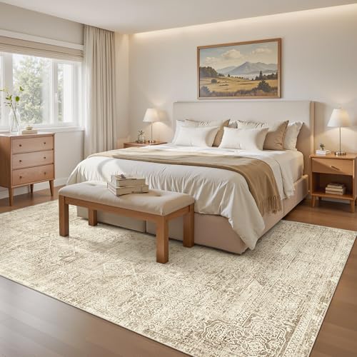 5x7 Area Rugs Light Brown Washable Trendy Faded Style Floral Rugs (Light Brown / 5' x 7' (Rectangular))