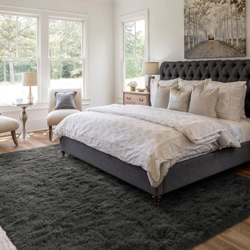 5x7 Ft Shag Area Rug for Bedroom (Ba Dark Grey Solid / 5' X 7' (Rectangular))