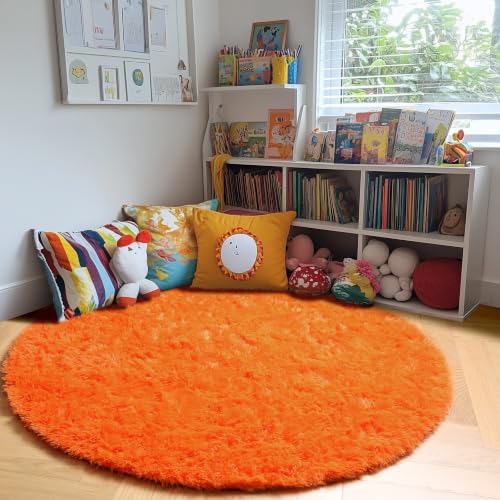 Orange Round Shag Kids Rug 4Ft for Bedroom Living Room Classroom (Orange / 4' (Round))