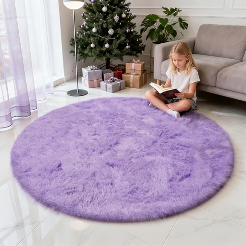 Purple Fluffy Round Area Rugs for Bedroom (Purple / 3' (Round))
