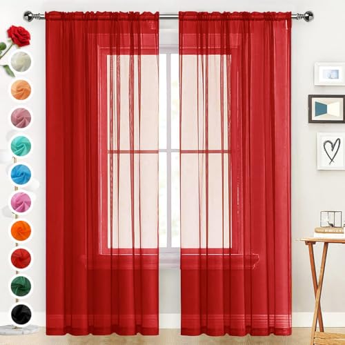 Sheer Voile Window Treatment Rod Pocket Curtain Panels for Kitchen Bedroom Living Room Drapes Sunlight Filtering Privacy Semi Home Decor Assorted Colors Sizes (Christmas Red / 52"W x 63"L (Pack of 2))