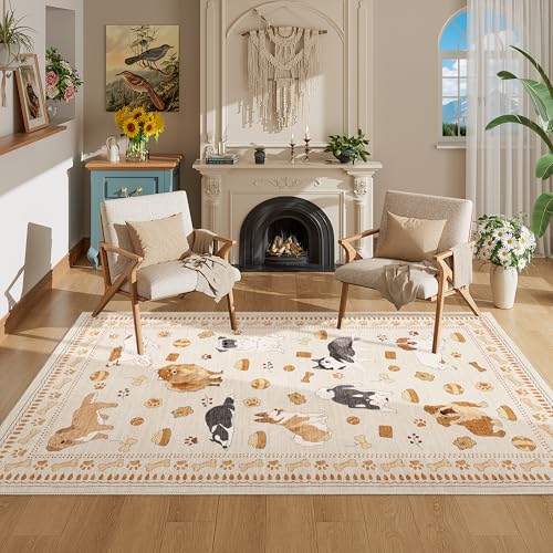3x5 Rug Washable Dog Bedroom Area Rug Soft Non Slip (Beige Yellow (Dog) / 3' x 5' (Rectangular))