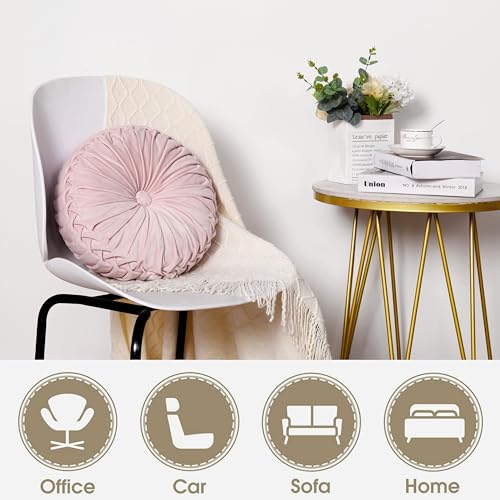 Set of 2 Pink Velvet Decorative Round Pleated Throw Pillows (Pink)